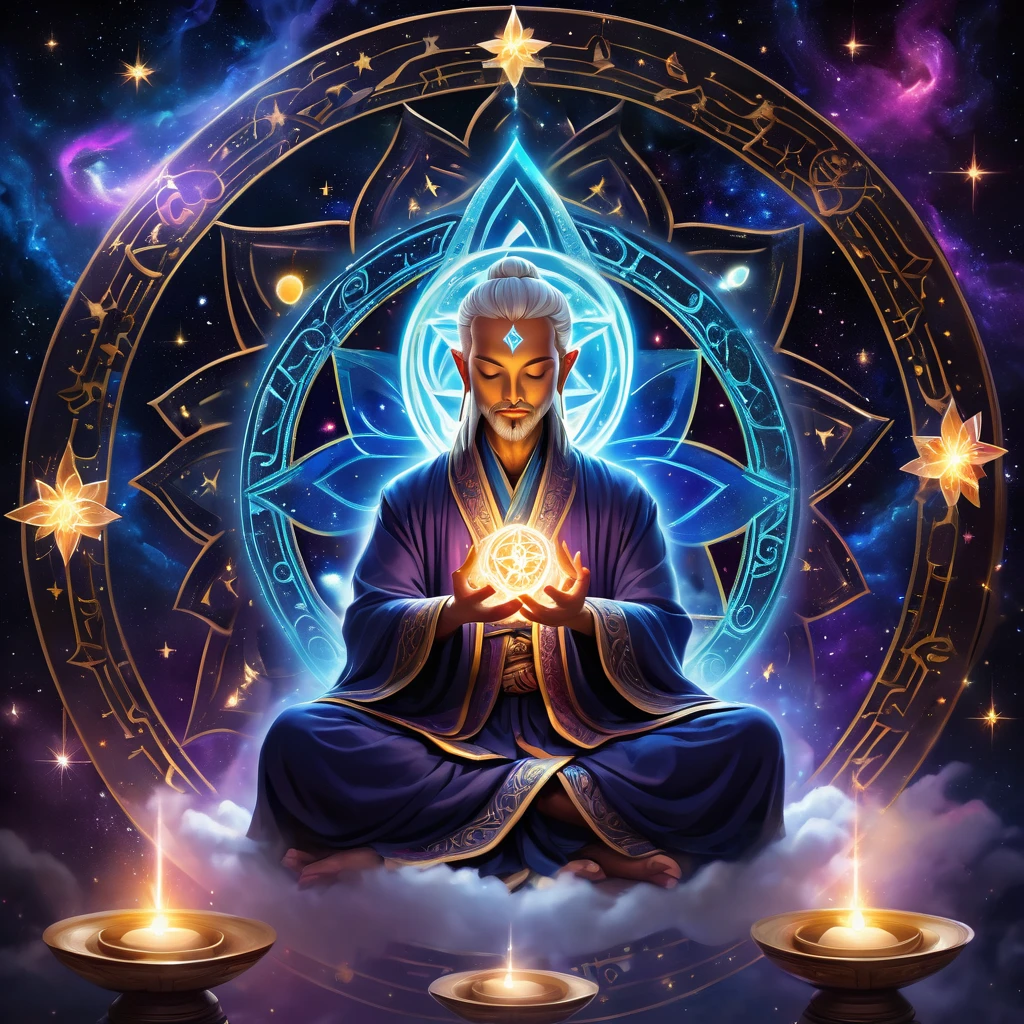 (Wizard Mage:1.3), (Clothing: Celestial robes with intricate stardust patterns, flowing star cloak:1.0), (Accessories: Cosmic staff with glowing star sphere, floating potion vials, amulet of celestial wisdom:1.2), (Background: Ethereal room with floating pentagrams, glowing potion vials and arcane symbols, surrounded by swirling galaxies and stardust:1.2), (Pose: Floating in lotus position with an aura of cosmic energy, hands gracefully forming mystical mudras, eyes closed in deep meditation:1.5), best quality, masterpiece, detailed soft oil painting, detailed background, dramatic cinematic lighting, soft edge lighting, professional, dramatic lighting, hard edge lighting, ultra quality, 4k, masterpiece, best quality, 8k, ultra high definition, high resolution, extremely detailed