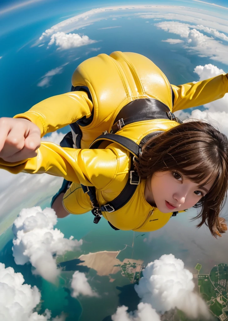 Eat pancakes,Flat Chest、(Slim body)、((Slim body))、Long Hair,Straight Bangs,Embarrassing,masterpiece,(((Brown Hair)))、A WOMAN skydiving in air in lots of yellow clouds A city floating on lots of yellow clouds ((masterpiece)), ((Highest quality))), ((Super detailed)), 超High resolution, 8K, ((High resolution))), ((figure)), ((Realistic)), A woman in a yellow space suit skydiving into the air、Taking a selfie in a floating city, Background Show (Highest quality,4K,8K,A High resolution,masterpiece:1.2), Super detailed,(Realistic,PhotoRealistic,photo-Realistic:1.37), Above Hawaii、Enjoying skydiving、