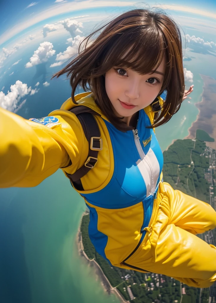 Eat pancakes,Flat Chest、(Slim body）、((Slim body))、Long Hair,Straight Bangs,Embarrassing,masterpiece,(((Brown Hair)))、A WOMAN skydiving in air in lots of yellow clouds A city floating on lots of yellow clouds ((masterpiece)), ((Highest quality))), ((Super detailed)), 超High resolution, 8K, ((High resolution))), ((figure)), ((Realistic)), A woman in a yellow space suit skydiving into the air、Taking a selfie in a floating city, Background Show (Highest quality,4K,8K,A High resolution,masterpiece:1.2), Super detailed,(Realistic,PhotoRealistic,photo-Realistic:1.37), Above Hawaii、Enjoying skydiving、


