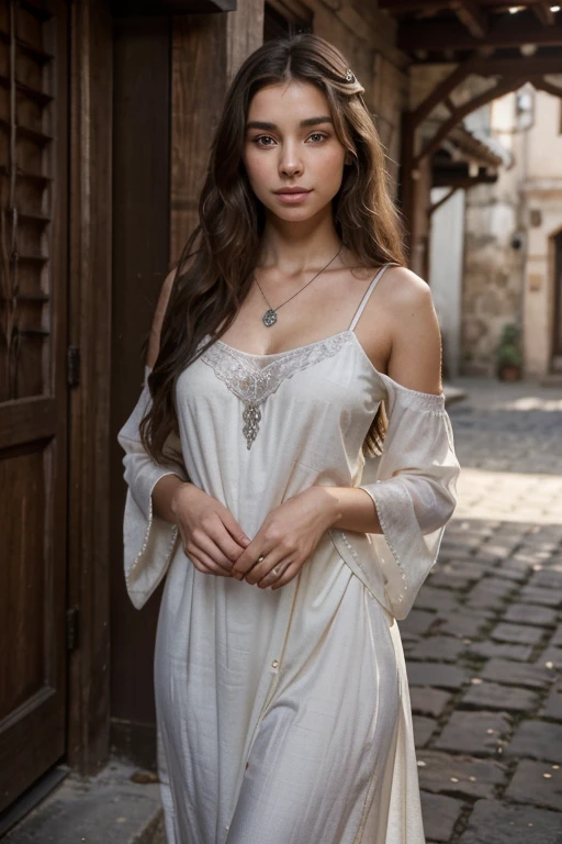 best quality, 4k, 8k, highres, masterpiece:1.2), ultra- detailed, (realistic, photorealistic, photo -realistic:1. 37), woman, full body, long black hair, detailed face, woman with long brown hair and perfect face), por trait sophie mudd, thick ash brown hair and large ey es, extremely beautiful face, aquiline nose, glossy II ps, anna nikonova aka newmilky, very pretty model, very pretty face, very beautiful girl, beautiful model girl, dasha taran, beautiful model, very beautiful fac e, beautiful girl model, flawless face, ultra beautiful In Rachaya Old Souk, amidst rustic stone archways and aged wooden shutters, a model stands poised for an Instagram post. Her flowing dress, a blend of deep purple and soft white, is adorned with delicate floral patterns that cascade gracefully down its length. The fabric catches the afternoon sunlight, casting subtle shadows on the ancient cobblestones beneath her feet.
Her hair, styled in loose waves, frames her face gently, adding an air of effortless elegance. A few strands catch the breeze, echoing the subtle movement of her surroundings. Around her neck hangs a dainty silver pendant, glinting softly against the fabric of her dress.
The model's pose is serene yet confident, one hand lightly touching the stone wall beside her, the other holding a bouquet of freshly picked wildflowers. Her gaze, directed slightly away from the camera, captures a moment of contemplation, as if she's lost in the charm of the souk's history.
Her expression is tranquil, a faint smile playing on her lips, conveying a sense of quiet joy and appreciation for the moment. The background of Rachaya Old Souk adds depth to the image, with its weathered textures and timeless architecture, creating a perfect backdrop for her ethereal presence.