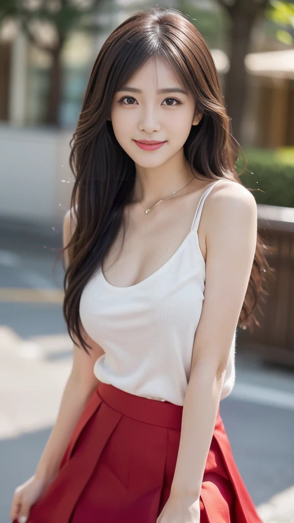 masterpiece, Best quality, Ultra-high resolution, High detail photos, Unity 8k wallpaper, Extremely detailed CG:1.2), Depth of Field, Bokeh, (original photo:1.Realistic Photography:1.4), (1 Girl:1.5), young, Physically based representation, beautiful, (Exquisite facial details:1.4, detailed服装), (detailed:1.4) christen (Hidemi Fukada:1.1) rest Cara hermosa, Depth of Field, Add layers, Surreal, 27 years old, Perfect body model, Perfect breasts, Height 175 cm, Strike sexy poses, whole body, whole body, Model body type, rest (Tight short red skirt:1.3), (Long hair:1.2), doble parpado rest restaurant, Lovely smile
