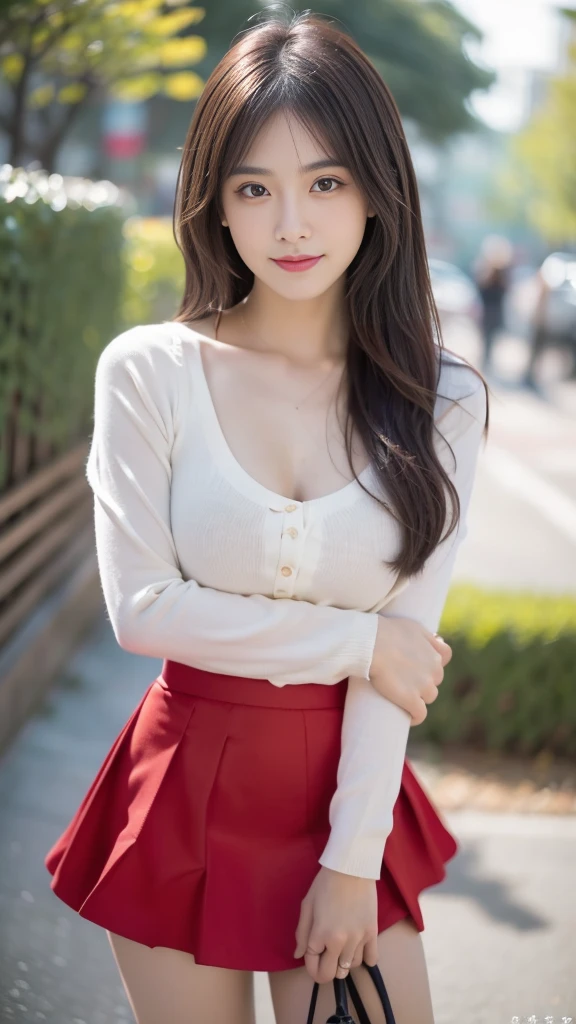 masterpiece, Best quality, Ultra-high resolution, High detail photos, Unity 8k wallpaper, Extremely detailed CG:1.2), Depth of Field, Bokeh, (original photo:1.Realistic Photography:1.4), (1 Girl:1.5), young, Physically based representation, beautiful, (Exquisite facial details:1.4, detailed服装), (detailed:1.4) christen (Hidemi Fukada:1.1) rest Cara hermosa, Depth of Field, Add layers, Surreal, 27 years old, Perfect body model, Perfect breasts, Height 175 cm, Strike sexy poses, whole body, whole body, Model body type, rest (Tight short red skirt:1.3), (Long hair:1.2), doble parpado rest restaurant, Lovely smile