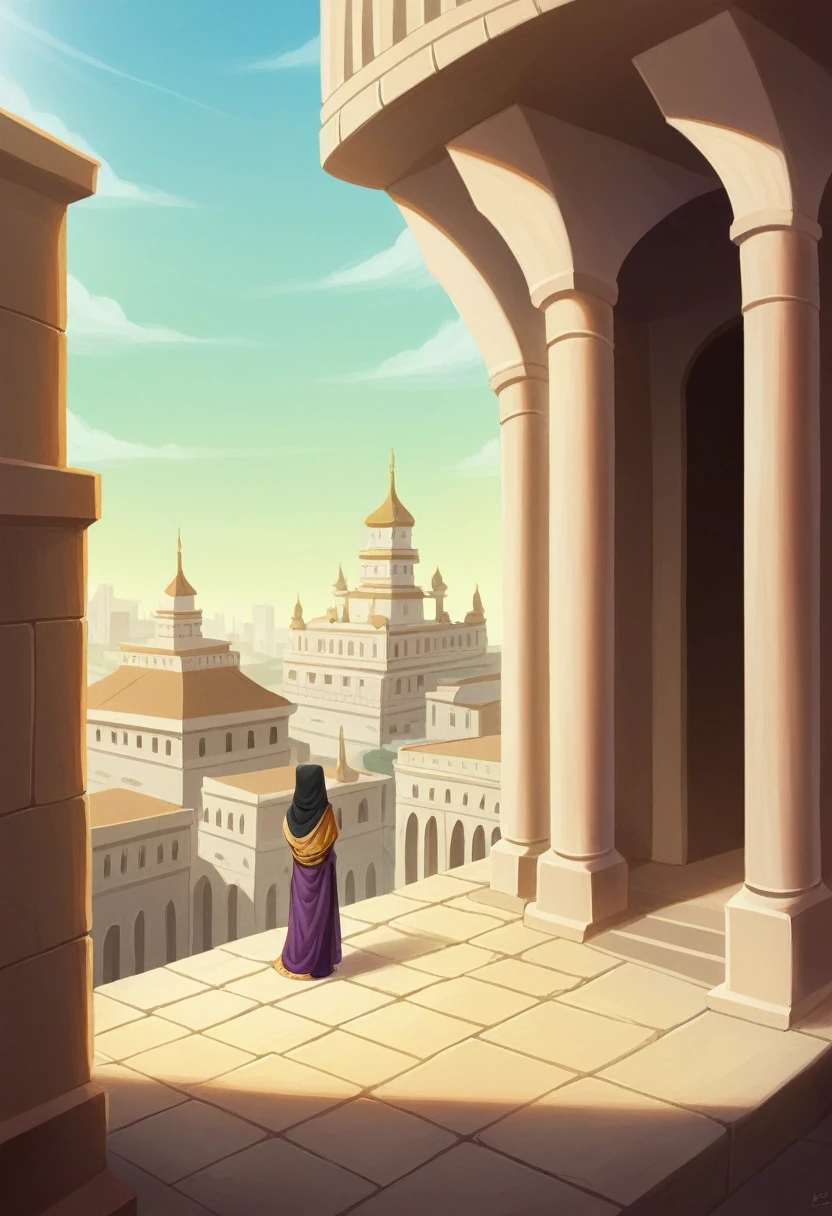 (best quality, 8k resolution, (realistic, photorealistic:1.37)) A girl in Arabian attire, wearing a black abaya, a black hijab covering the head, and a black niqab concealing the mouth, standing on a stone-paved street lined with sturdy stone buildings. The sunlight is intense, casting a slightly dusty atmosphere. In the distance, the cityscape reveals the magnificent Arabian palace buildings.