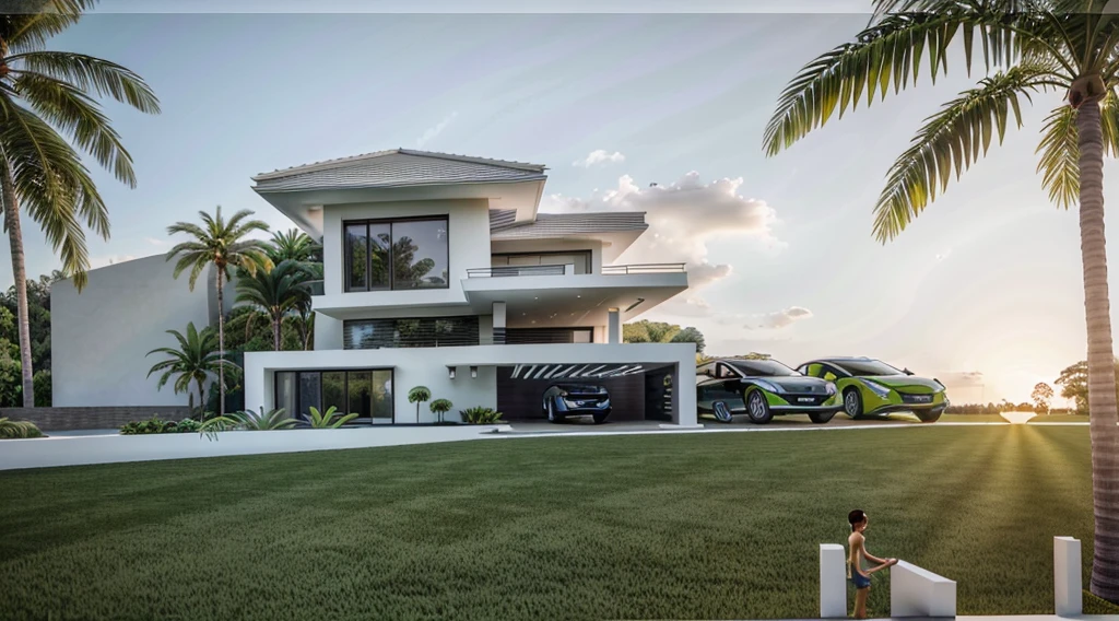 arafed view of a modern villa ,  sunset time, a green grass, green landscape, coconut tree, cars, architectural render, architectural visualization, architectural rendering, large modern residence, architectural 3 d render, award-winning render, stunning render, modern, realistic, interior architecture, Art Deco, depth of field, motion blur, cinematic lighting, vignetting, highres, high quality, high details, masterpiece
