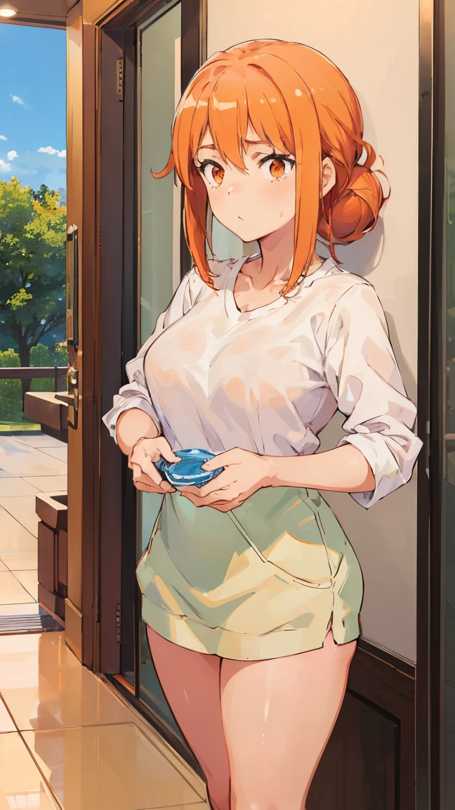 (Highest quality, 8K, masterpiece :1.3),Mrs. Yuigahama,ガハMom, As I expected, my youth romantic comedy is wrong。, One woman,Bun Hair,30 years old,Mom,Orange Hair,nsfw,