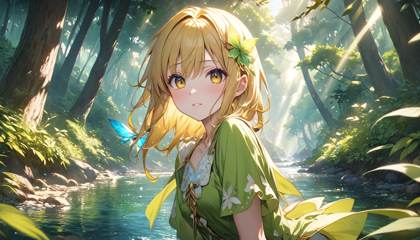 （8K，masterpiece，Highest quality），Hyper Detail，Primary forest，Golden hair shortcut、A fairy girl with a fleeting expression、Sunlight filtering through the trees、river、Highly detailed face、pupil、whole body
