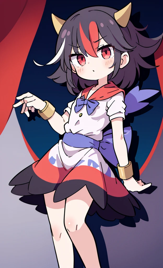 masterpiece,Highest quality,1 Girl,alone,Pokémon-like art style,(bold:1.6),(flat:1.5), Kijin Seija, 1GIRL,HORNS,SHORT HAIR,MULTICOLORED HAIR,RED EYES,BOW,SHORT SLEEVES, BRACELET, DRESS,Thigh to head, ****