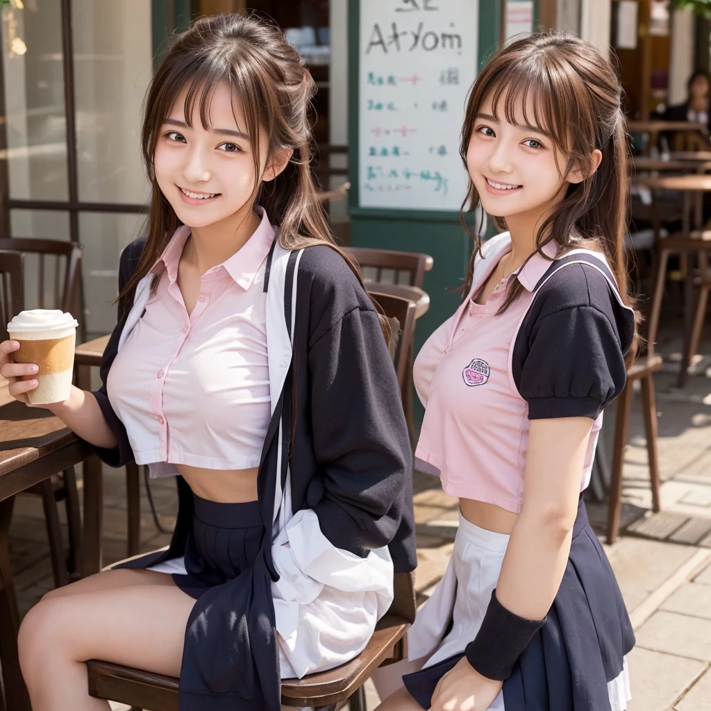 A beautiful high school girl at a cafe takes off her uniform top to show off her pink nipples、She is smiling and is photographed alone.