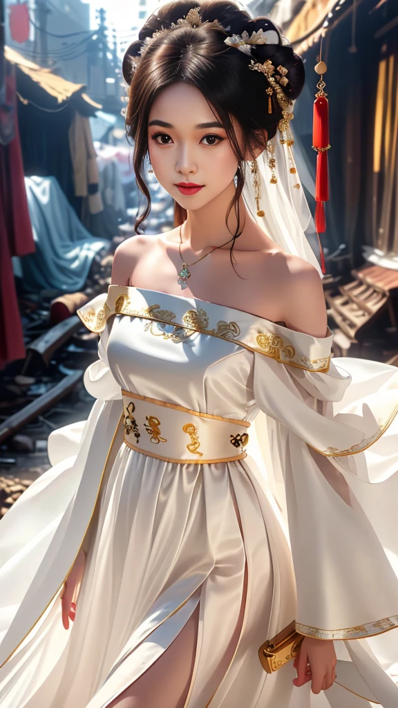 Girl in traditional Chinese clothing, Hanfu, Guzhen Hanfu women, White Hanfu,long straight black hair, black eyes, black bun hairstyle, hair accessories ,white diamond earrings, Bangle Diameter, Dia Necklace, Clear eyes, Facing forward,put on makeup, Long eyelashes ,(Long shoulder coat:1.5), (long white skirt:1.5), ((Whole body)), ((from below))ฃ, Clear face, , (Very beautiful face, Beautiful mouth, beautiful eyes), detailed face, ((Ultra-fine skin)), In the dark, deep shadows, an ancient Chinese girl (Very slim figure 1.3) ,Plump breasts, sexy slender legs elegant posture (smile brightly) ,(slum:1.5),