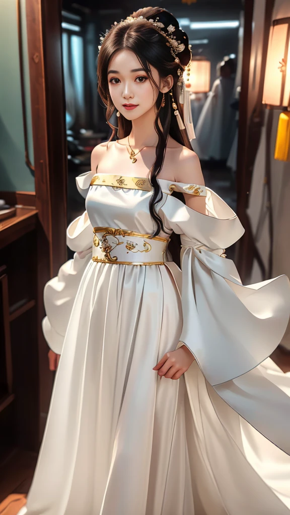 Girl in traditional Chinese clothing, Hanfu, Guzhen Hanfu women, White Hanfu,long straight black hair, black eyes, black bun hairstyle, hair accessories ,white diamond earrings, Bangle Diameter, Dia Necklace, Clear eyes, Facing forward,put on makeup, Long eyelashes ,(Long shoulder coat:1.5), (long white skirt:1.5), ((Whole body)), ((from below))ฃ, Clear face, , (Very beautiful face, Beautiful mouth, beautiful eyes), detailed face, ((Ultra-fine skin)), In the dark, deep shadows, an ancient Chinese girl (Very slim figure 1.3) ,Plump breasts, sexy slender legs elegant posture (smile brightly) ,(slum:1.5),