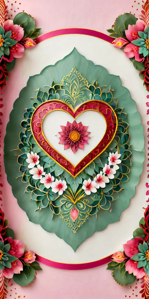 1 red heart at center, pastel pink background and mandala motifs