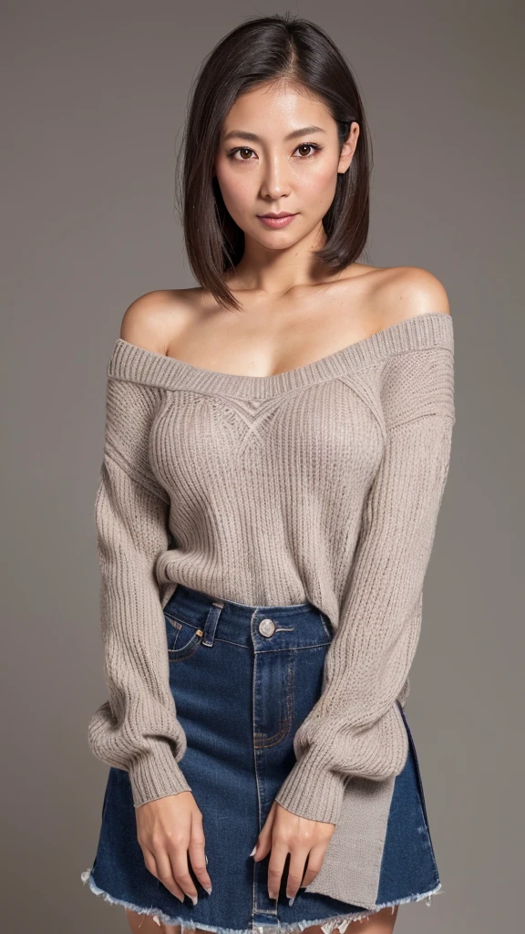 high resolution, High level of image quality, High Detail, masterpiece, Textured Skin, Anatomically correct, sharp, Gray background((Japanese Mature, 30 years old)), solo, ((Wrinkles on the face)), Breasts that are full and well-shaped, Light Brown Straight Hair,Shoulder length, Chubby body (((Stand facing the center of the screen))), Shut up,Look straight ahead seriously, sweater, skirt, ((Cowboy shooting)),