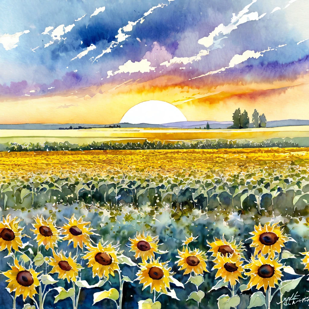 best qualityer, very well, 16K, delicate and dynamic, excellent watercolor landscape painting, just a field of sunflowers, modern and retro, pop and classic, New and old, Learning from the past, (magnificent view:1.3) , (Watercolor techniques, bleeding, Tiered, dry brushing, Pulverization, gotejamento, gradation, to clean), sunset