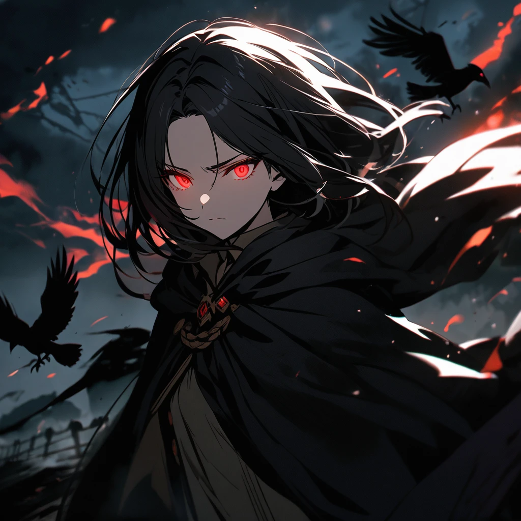 woman, red eyes, black hair, crow, glowing eyes, parted bangs, dark, cloak