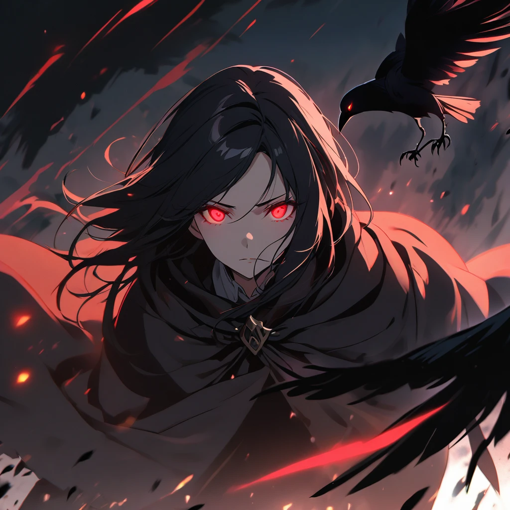 woman, red eyes, black hair, crow, glowing eyes, parted bangs, dark, cloak