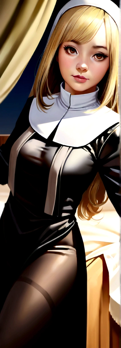 ((Tabletop, Highest quality, High resolution, Hmph, Pixel perfect, 4K, Hmph, Hmph))), One Girl, single, alone, Beauty、The whole body is visible、 ((Mid-wave hair, bangs,Blonde)), ((Brown eyes, Beautiful eyelashes, Realistic eyes)), ((Detailed face, Blushing:1.2)), ((Smooth texture:0.75, Realistic texture:0.65, Realistic:1.1, Anime CG Style)), Medium chest, Dynamic Angle, Perfect body, (Sister, saint, Nuns), (Monastic Clothes, pantyhose, White long gloves, White long gloves), (No good、Puffy nipples)、(bed, night, nightの寝室, dim,) Smile gently