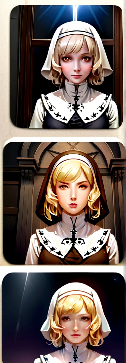 ((Tabletop, Highest quality, High resolution, Hmph, Pixel perfect, 4K, Hmph, Hmph))), One Girl, single, alone, Beauty、The whole body is visible、 ((Mid-wave hair, bangs,Blonde)), ((Brown eyes, Beautiful eyelashes, Realistic eyes)), ((Detailed face, Blushing:1.2)), ((Smooth texture:0.75, Realistic texture:0.65, Realistic:1.1, Anime CG Style)), Medium chest, Dynamic Angle, Perfect body, (Sister, saint, Nuns), (Monastic Clothes, pantyhose, White long gloves, White long gloves), (No good、Puffy nipples)、(bed, night, nightの寝室, dim,) Smile gently
