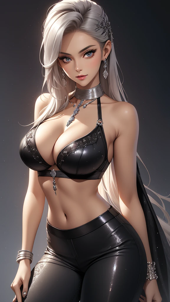 Best quality, masterpiece, realistic, Beautiful sexy cool tall, slim, fit woman, wearing fancy silver-white sequin cropped top and black pants, intricate and highly detailed, cleavage, long silver hair, body chain, jewelry, perfect breasts, cleavage