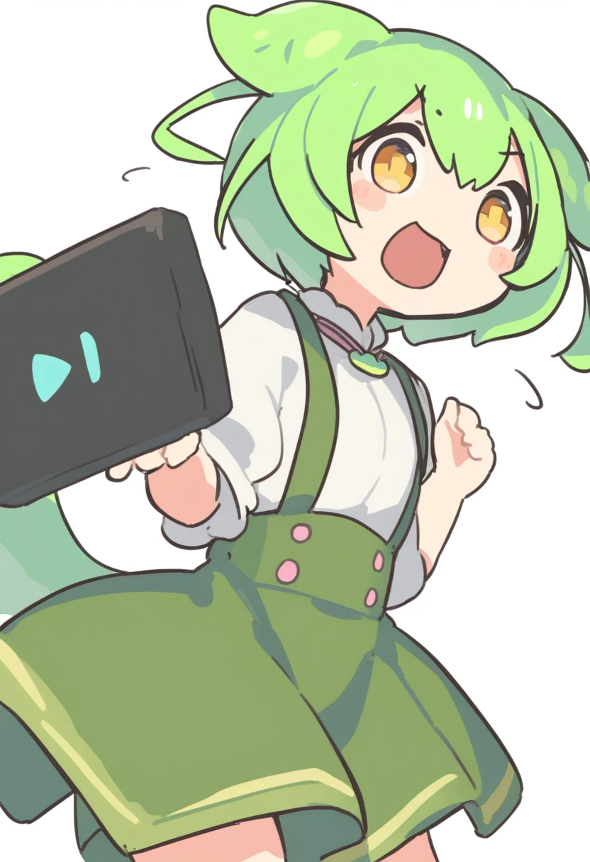 One girl,Zundamon,Voice Box ,Green Hair,、Wide open mouth、Surprised face、Jaw detached、Weird face,Simple white background、No text
