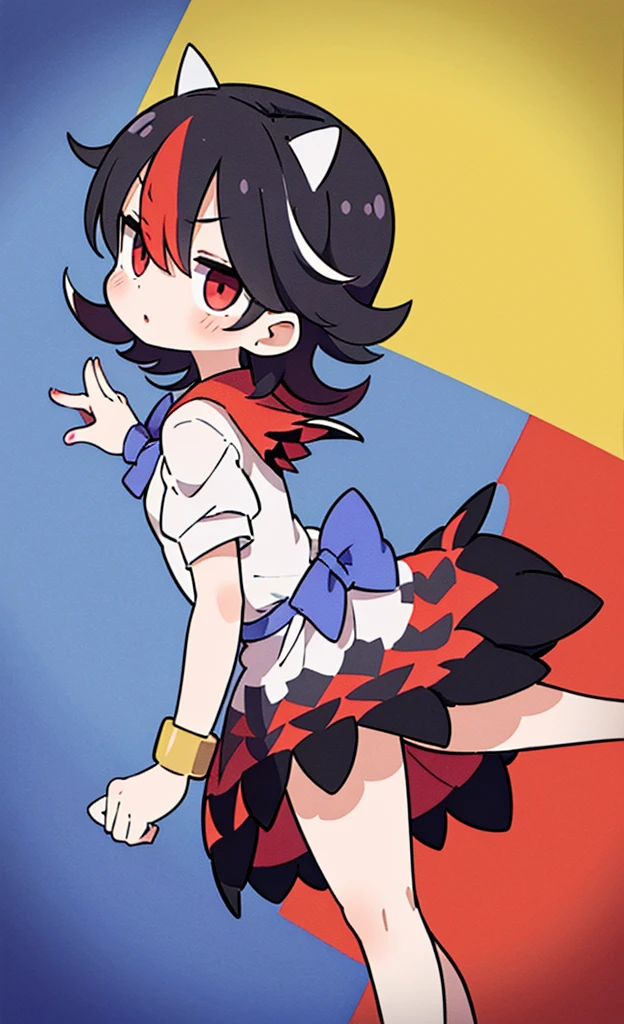 masterpiece,Highest quality,1 Girl,alone,Pokémon-like art style,(bold:1.6),(flat:1.5), Kijin Seija, 1GIRL,HORNS,SHORT HAIR,MULTICOLORED HAIR,RED EYES,BOW,SHORT SLEEVES, BRACELET, DRESS,Thigh to head, loli