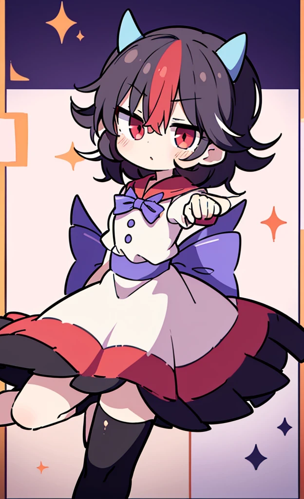 masterpiece,Highest quality,1 Girl,alone,Pokémon-like art style,(bold:1.6),(flat:1.5), Kijin Seija, 1GIRL,HORNS,SHORT HAIR,MULTICOLORED HAIR,RED EYES,BOW,SHORT SLEEVES, BRACELET, DRESS,Thigh to head, ****