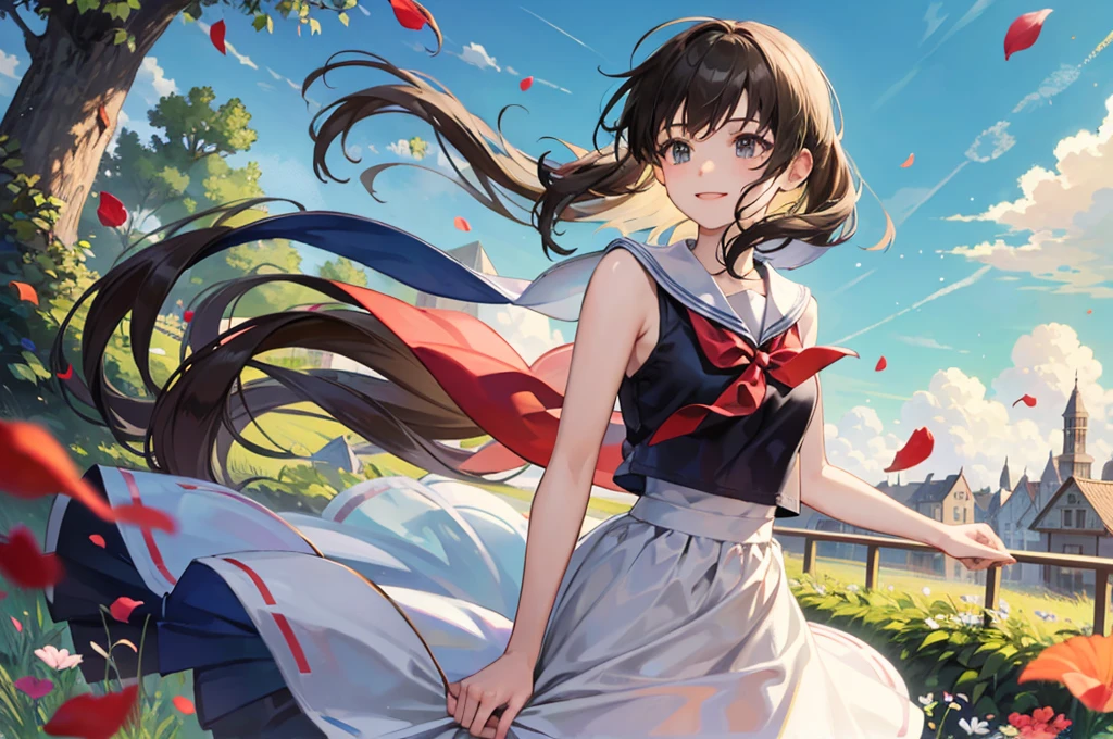 (masterpiece),  town,  blue sky,  One Girl,  smile,  alone,  Sailor suit、Long skirt,  Overgrown,  petal,  plant、Skirt lining、Translucent slip、Nostalgic、Strong winds、Skirt fluttering in the wind