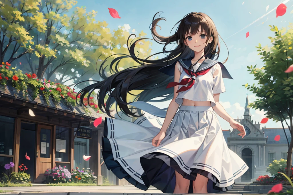 (masterpiece),  town,  blue sky,  One Girl,  smile,  alone,  Sailor suit、Long skirt,  Overgrown,  petal,  plant、Skirt lining、Translucent slip、Nostalgic、Strong winds、Skirt fluttering in the wind