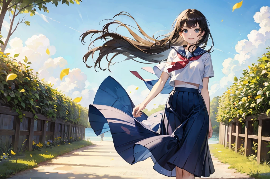 (masterpiece),  town,  blue sky,  One Girl,  smile,  alone,  Sailor suit、Long skirt,  Overgrown,  petal,  plant、Skirt lining、Translucent slip、Nostalgic、Strong winds、Skirt fluttering in the wind