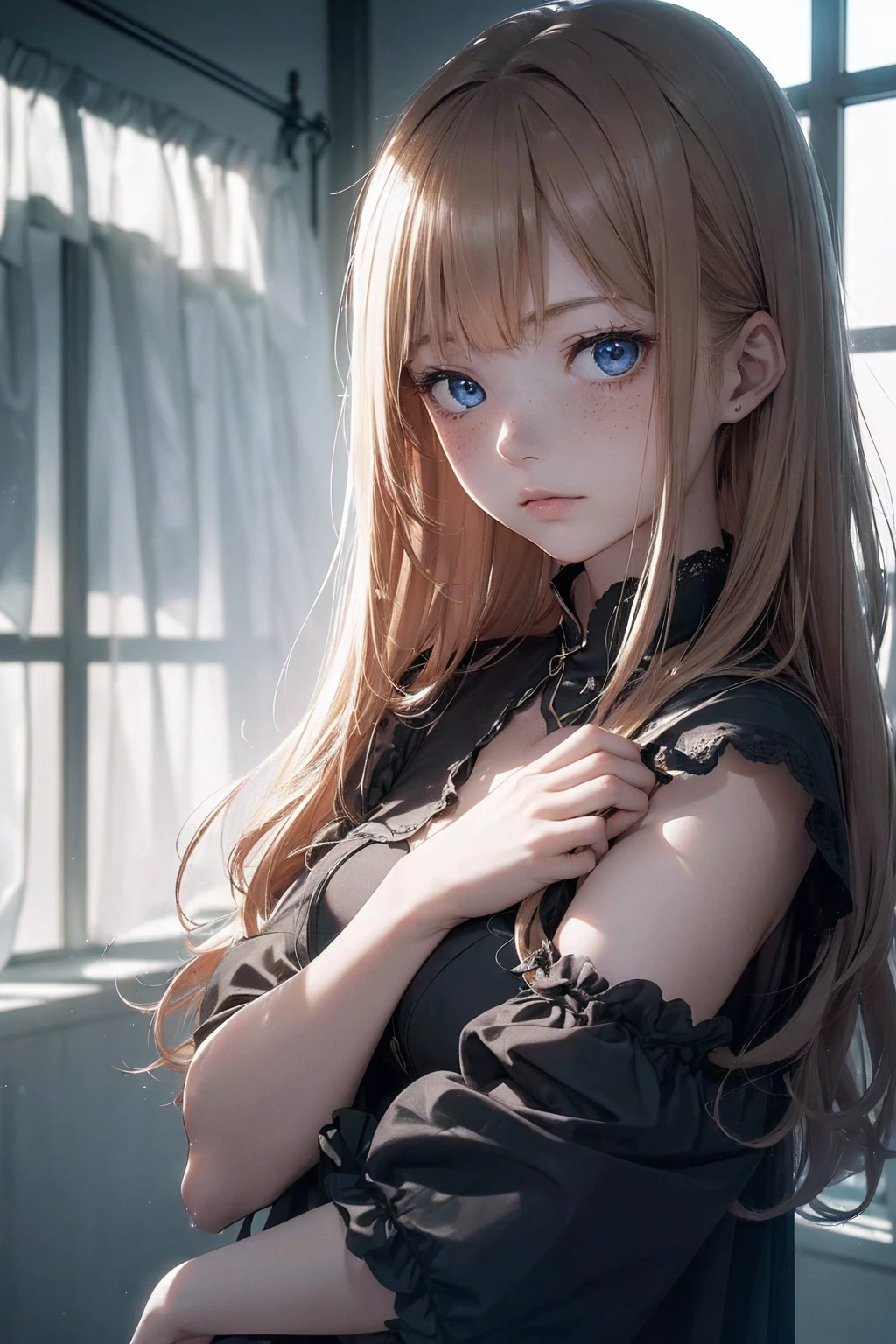 highres, shadows, absurdres, best_quality, ultra_detailed, 8k, extremely_clear, photograph, beautiful, sharp focus, hdr, beautiful face, petite body, 1girl, scared, wide-eyed, shock, barely clothed, torn clothes, dress, multiple boys, zombie, raining, hair braid on the side, blonde long hair