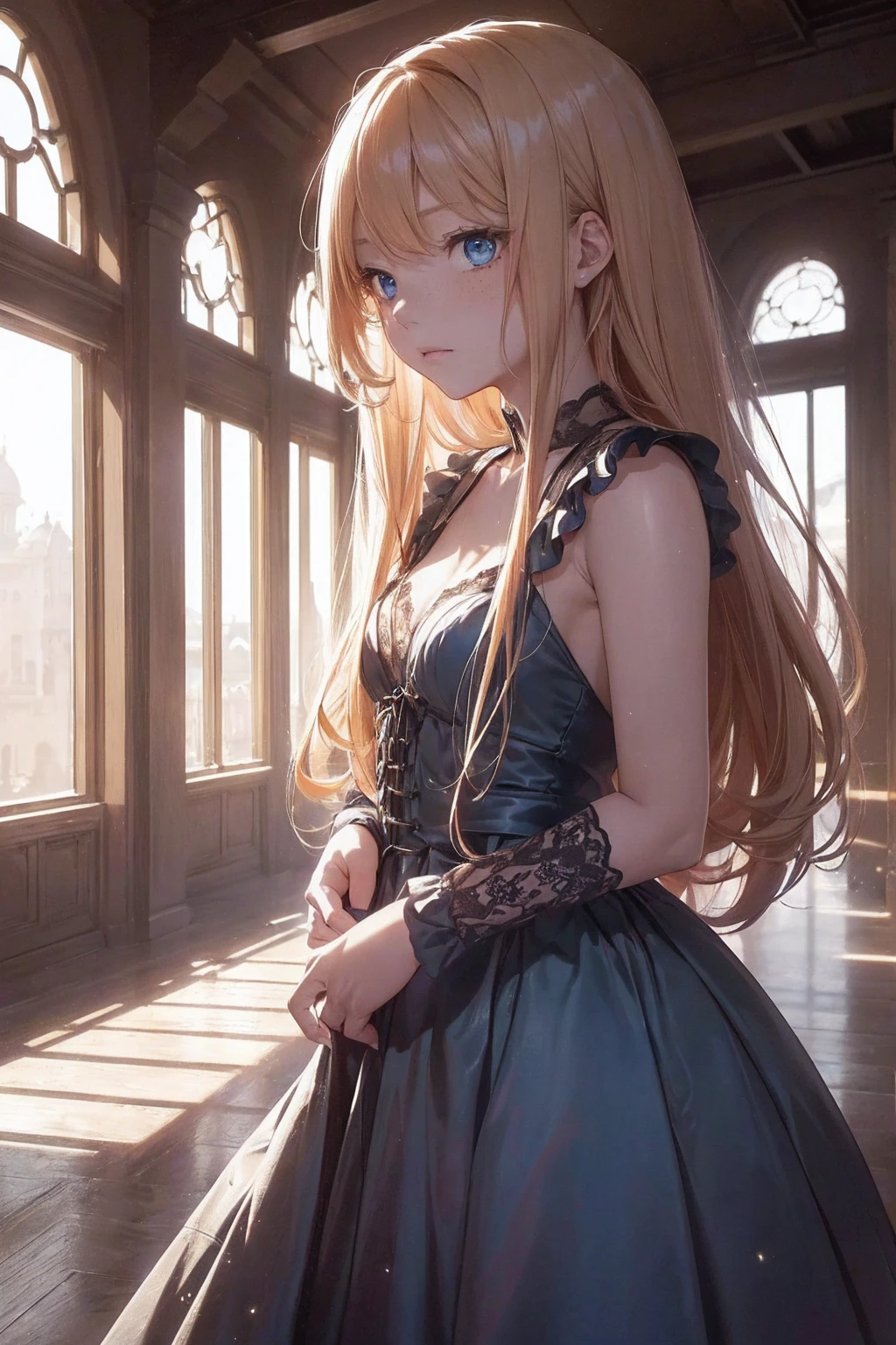 animated cartoon、One beautiful blonde girl、Red-eyed、Fluffy dresses