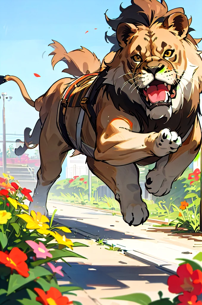 A female lion runs with a bulldog in a park filled with brightly colored flowers.