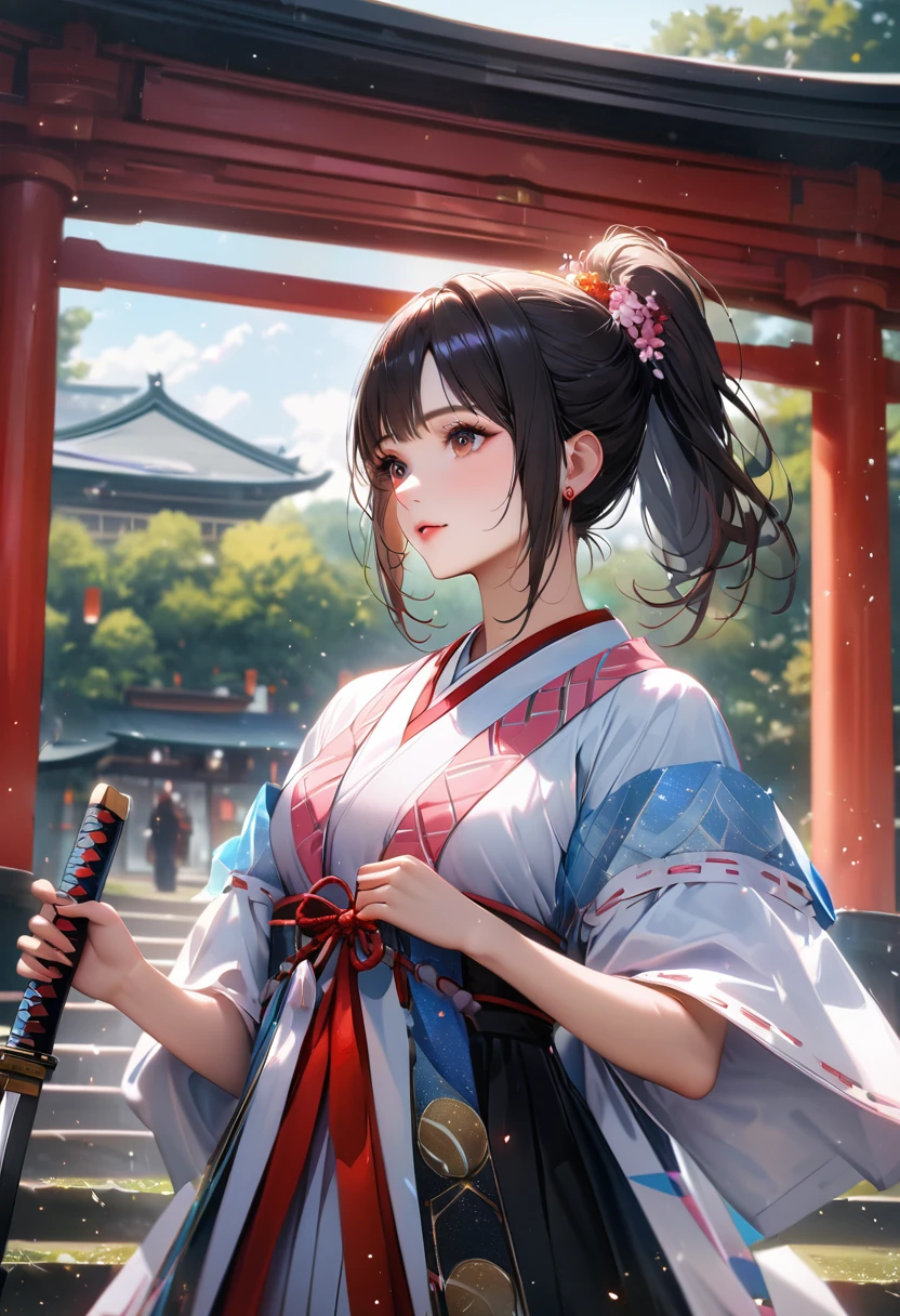Shrine grounds, Clear sky with white clouds, Shrine maiden, Blur the background,young woman,ponytail,Holding a Japanese sword,Glitter effect,Highest quality, 8K, High resolution, masterpiece:1.2, Very detailed, Realistic:1.37, High resolution, 超High resolution, Ultra-fine painting, Very detailed, Professional, Vibrant colors