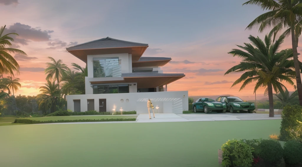 arafed view of a modern villa ,  sunset time, a green grass, green landscape, coconut tree, cars, architectural render, architectural visualization, architectural rendering, large modern residence, architectural 3 d render, award-winning render, stunning render, modern, realistic, interior architecture, Art Deco, depth of field, motion blur, cinematic lighting, vignetting, highres, high quality, high details, masterpiece