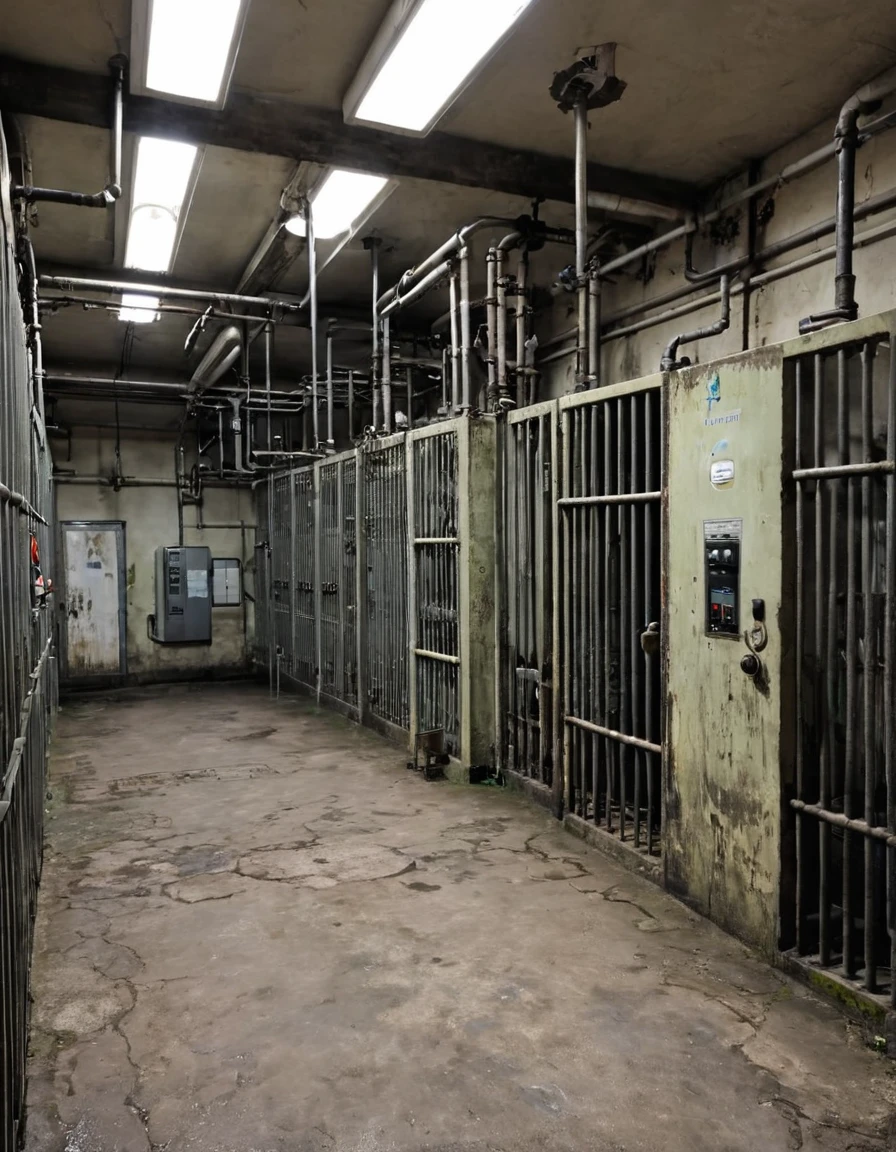 Unsanitary room with electronic equipment such as circuit breakers, valves, of pipes, boiler rooms. There are prison bars and bars, all in a heavy and distressing atmosphere. [realistic] [liminal space] [Angoisse] [Scary]