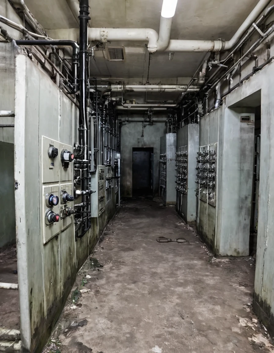 Unsanitary room with electronic equipment such as circuit breakers, valves, of pipes, boiler rooms. There are prison bars and bars, all in a heavy and distressing atmosphere. [realistic] [liminal space] [Angoisse] [Scary]