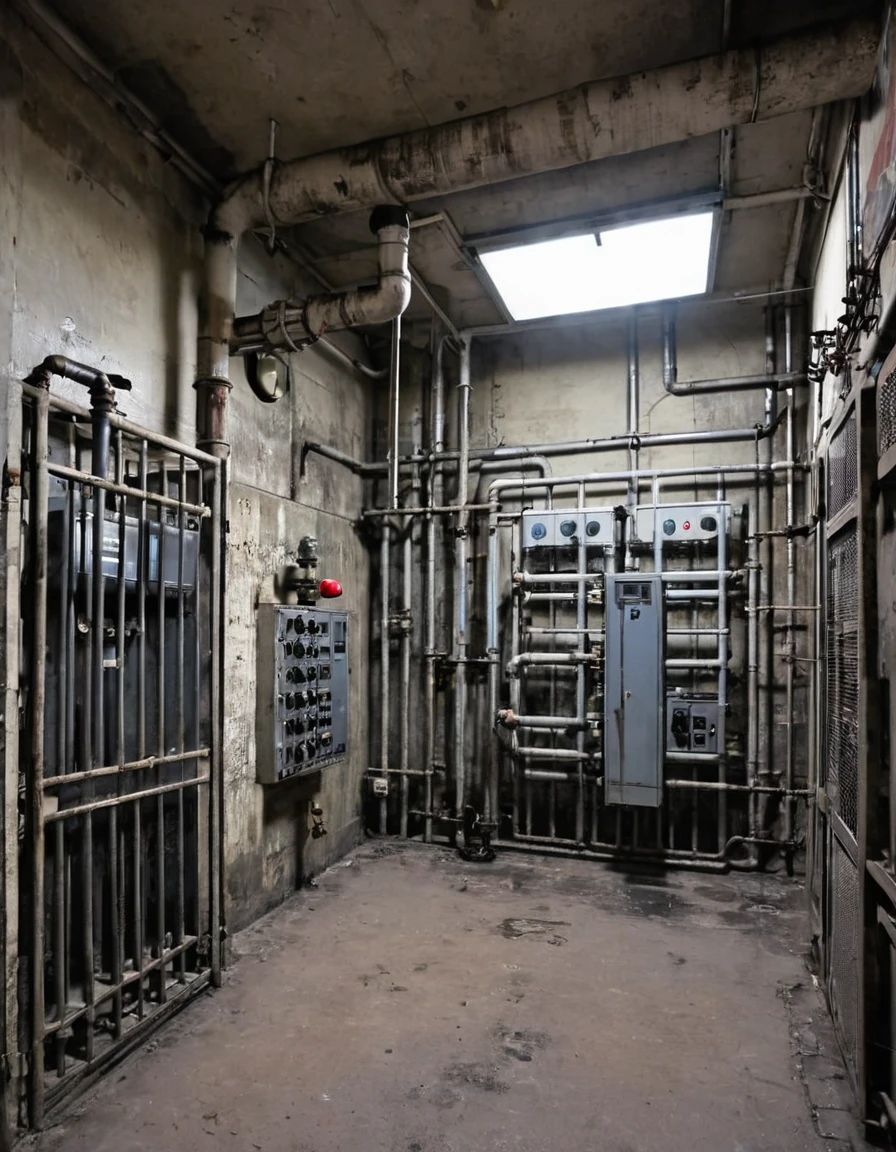 Unsanitary room with electronic equipment such as circuit breakers, valves, of pipes, boiler rooms. There are prison bars and bars, all in a heavy and distressing atmosphere. [realistic] [liminal space] [Angoisse] [Scary]