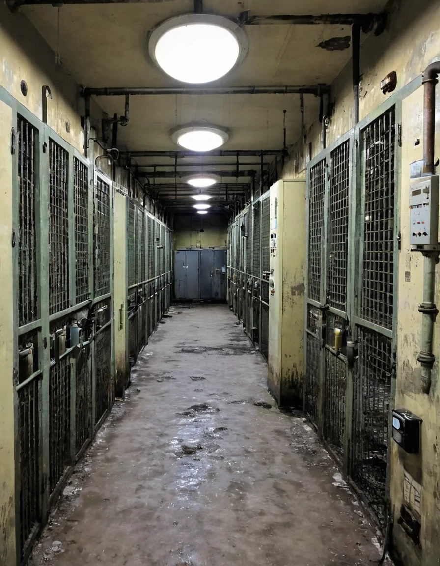 Unsanitary room with electronic equipment such as circuit breakers, valves, of pipes, boiler rooms. There are prison bars and bars, all in a heavy and distressing atmosphere. [realistic] [liminal space] [Angoisse] [Scary]