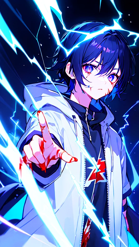 [(BLACK BACKGROUND:1.5),::5], ((((masterpiece)))), high quality, ultra very high resolution, full color, (((solo))), (()), black hair, ((blue colored inner hair)), ((purple eyes)), anime, ((upper body)), neon light, black parka, (lightning effect:1.2), (Blood effect:1.5)