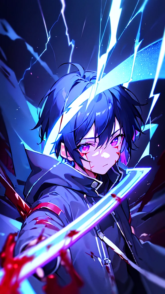 [(BLACK BACKGROUND:1.5),::5], ((((masterpiece)))), high quality, ultra very high resolution, full color, (((solo))), ((little boy)), black hair, ((blue colored inner hair)), ((purple eyes)), anime, ((upper body)), neon light, black parka, (lightning effect:1.2), (Blood effect:1.5)