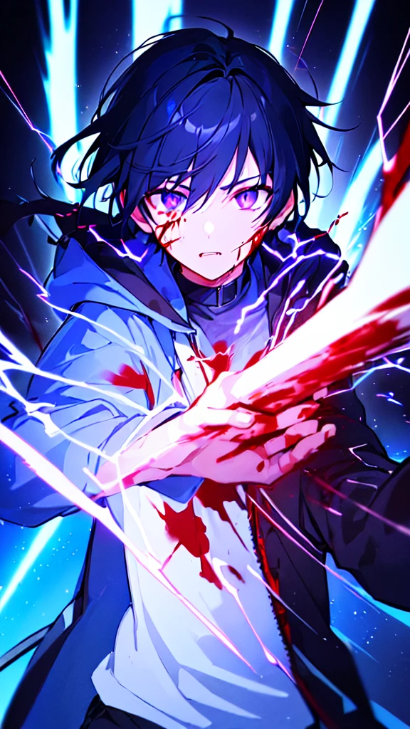[(BLACK BACKGROUND:1.5),::5], ((((masterpiece)))), high quality, ultra very high resolution, full color, (((solo))), (()), black hair, ((blue colored inner hair)), ((purple eyes)), anime, ((upper body)), neon light, black parka, (lightning effect:1.2), (Blood effect:1.5)