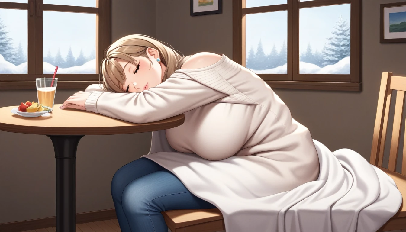 1lady solo, (sleeping at a table:1.2), (sitting a chair), sweater, denim pants, mature female, /(light brown hair/) bangs, (eyes lightly closed:1.1) (small mouth), (masterpiece best quality:1.2) delicate illustration ultra-detailed BREAK (blanket over shoulder and back:1.2), (some objects on the table) BREAK (cozy living room) indoors, window snowy, detailed background BREAK (soft color tone:1.3)