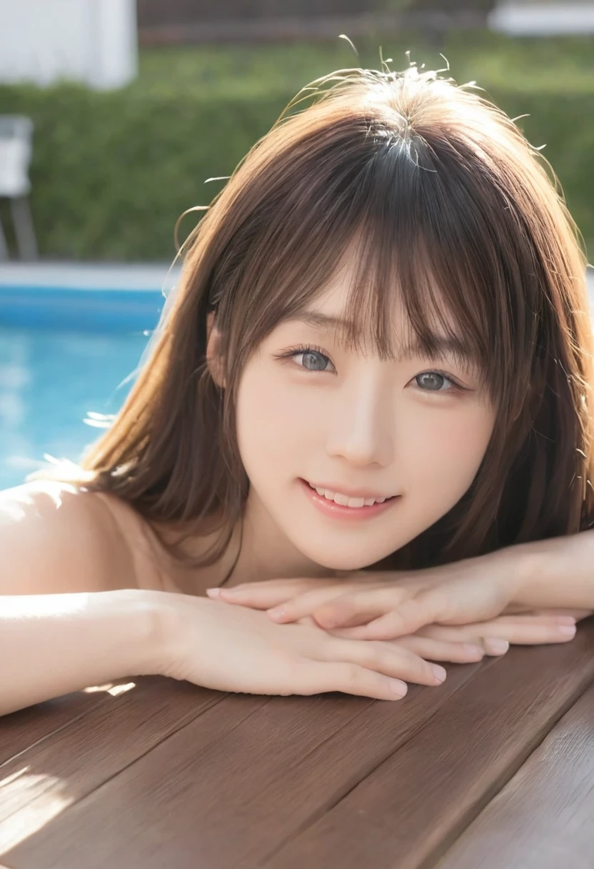 (Highest quality,8K quality,masterpiece:1.3),(Ultra-high resolution,Realistic:1.4,Live Shooting),(Very detailed,Caustics),(Ultra-Realistic Capture,(((Poolside)),beautifully detailed skin),19 years old,Beautiful Japanese, Medium Hair, Asymmetrical bangs, Brown Hair, I'm looking at the camera with a smile on my face,Soft Light,A ray of light shining from above,Natural light，((Pareo))，(((1 female))),