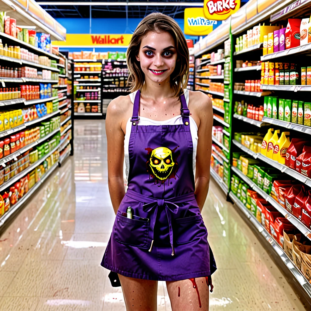 (masterpiece:1.3) 1girl, , (female serial killer:1.5) (skinny with an ugly face:1.3) working at Walmart, wearing an apron with topless under the apron, wide eyes, blood stains on clothes, short khaki shorts, big evil smile, (holding a knife:1.3), horror Walmart background, florescent grocery store lighting, deep shadows , extreme details, , complimentary lighting colors, deep skin, , brightly colored composition, "constricted pupils, small pupils, yellow glowing eyes", Slender Girl, OL, JK, purple bags_under_eyes, ( downblouse, BarbaraEvenot, Bags und