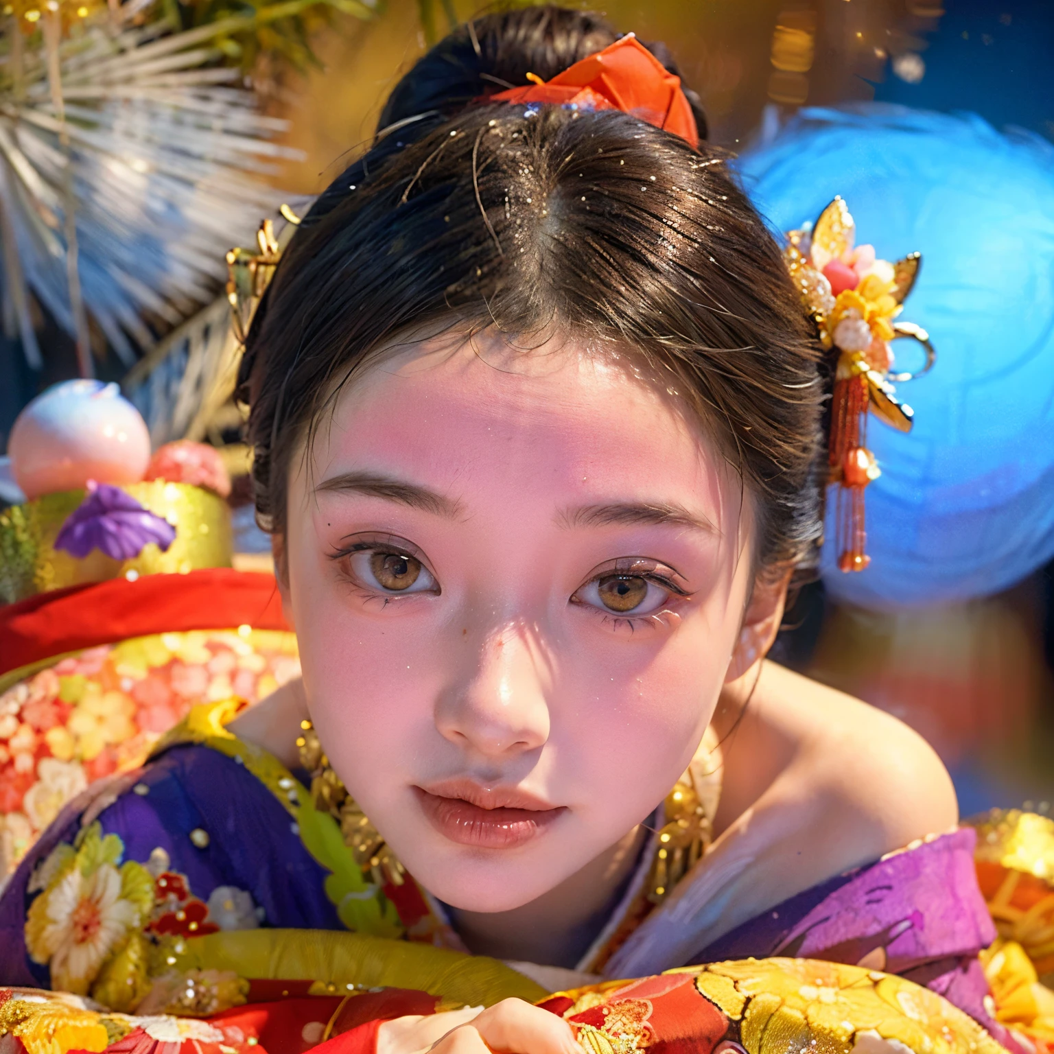 (PUNIPUNI clavicle KIMONO ((offshoulder)) KANZASHI FlowerHairpins Topknot TwinBun Oiran-Hair)High-level, 8K Masterpiece TopQuality, Ultra-detailed CG, Absurd detailed wallpaper, PerfectLighting, Extremely detailed (((Personifying " OIRAN " as a KAWAII Girl))), Characteristic Items, aesthetic LifeLike Rendering, MysticSight, Haze Tyndall Scattering, (Studio Dark Background with (Oodles Dazzling Iridescent 🌈Particles (BokeH))), (((Assfocus)) RoundlyButt) ThighGap, (Exposed:0.88) 🔞 BREAK (Acutance:0.8), (NOGIZAKA FaceVariations) Extremely Detailed very KAWAII FaceVariations, Childish CaptivatingGaze ElaboratePupils ParfectEyes with (SparklingHighlights:1.28), (Voluminous LongEyelashes:0.88), 💄💋✨ GlossyRedLips with BeautifulDetails, CoquettishTongue, PUNIPUNI RosyCheeks, Radiant PearlSkin with Transparency, Glowing DowneyHair . { (Dynamic LifeLike expressions:1.4) | (:d) }, (large eyes:-1) .