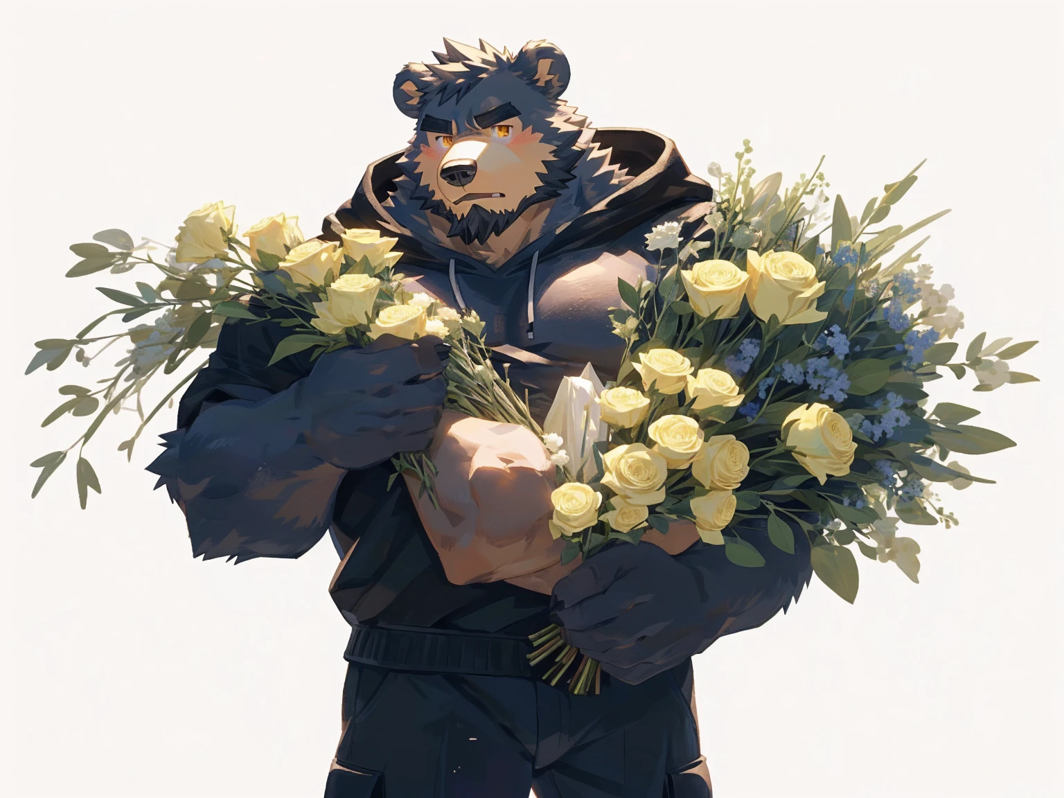 (masterpiece:1.2), best quality,pixiv,official art,perfect anatomy, (Ray tracing, light),solo, (1_male:1.3) , (muscle), (grey fur:1.4), (muscle bear), (beard:1.2), (gleaming golden eyes), bear tail, Thick black eyebrows, (open black hoodie :1.3) , (naked inside:1.2), cargo pants, portrait , (white background:1.3) ,(ring on finger:1.3), (holding many bouquet:1.3), depressed