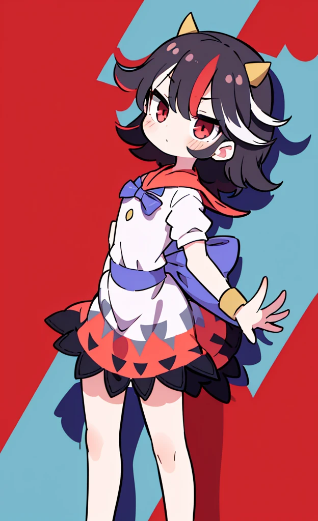 masterpiece,Highest quality,1 Girl,alone,Pokémon-like art style,(bold:1.6),(flat:1.5), Kijin Seija, 1GIRL,HORNS,SHORT HAIR,MULTICOLORED HAIR,RED EYES,BOW,SHORT SLEEVES, BRACELET, DRESS,Thigh to head, loli