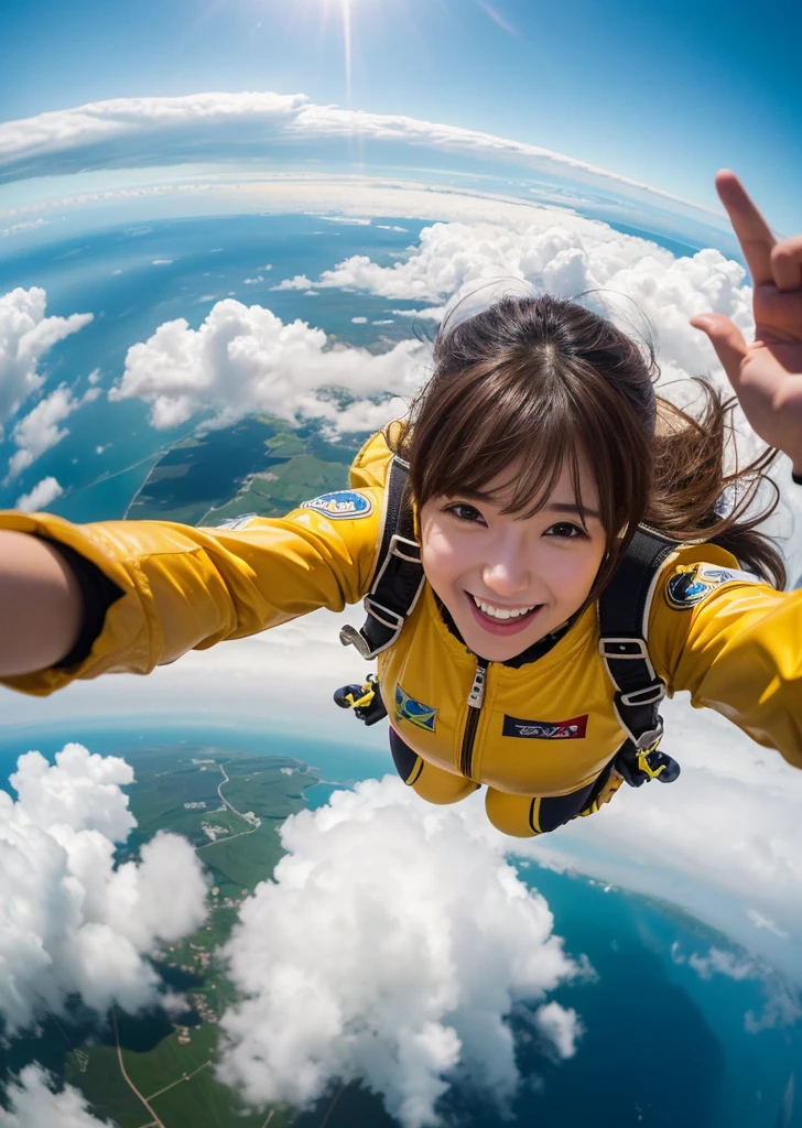 Eat pancakes,Flat Chest、(Slim body)、((Slim body))、Long Hair,Straight Bangs,Embarrassing,masterpiece,(((Brown Hair)))、A WOMAN skydiving in air in lots of yellow clouds A city floating on lots of yellow clouds ((masterpiece)), ((Highest quality))), ((Super detailed)), 超High resolution, 8K, ((High resolution))), ((figure)), ((Realistic)), A woman in a yellow space suit falls while skydiving through the air、Taking a selfie, Background Show (Highest quality,4K,8K,A High resolution,masterpiece:1.2), Super detailed,(Realistic,PhotoRealistic,photo-Realistic:1.37), Above Hawaii、Enjoying skydiving、 paraglider, alone, air, Realistic, Ultra HD, 8K ユニティ 壁紙, Ray Tracing, Beautiful smile, (smile:1.2), paragliderを満喫, Beautiful natural background seen from the sky,