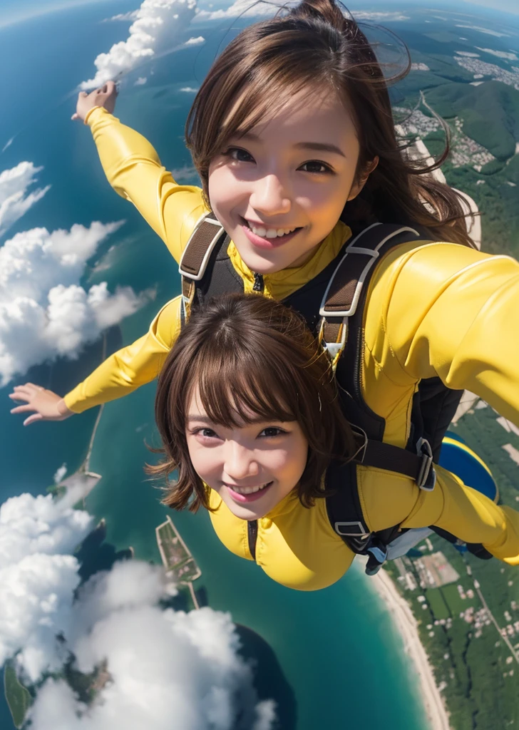 Eat pancakes,Flat Chest、(Slim body)、((Slim body))、Long Hair,Straight Bangs,Embarrassing,masterpiece,(((Brown Hair)))、A WOMAN skydiving in air in lots of yellow clouds A city floating on lots of yellow clouds ((masterpiece)), ((Highest quality))), ((Super detailed)), 超High resolution, 8K, ((High resolution))), ((figure)), ((Realistic)), A woman in a yellow space suit falls while skydiving through the air、Taking a selfie, Background Show (Highest quality,4K,8K,A High resolution,masterpiece:1.2), Super detailed,(Realistic,PhotoRealistic,photo-Realistic:1.37), Above Hawaii、Enjoying skydiving、 paraglider, alone, air, Realistic, Ultra HD, 8K ユニティ 壁紙, Ray Tracing, Beautiful smile, (smile:1.2), paragliderを満喫, Beautiful natural background seen from the sky,