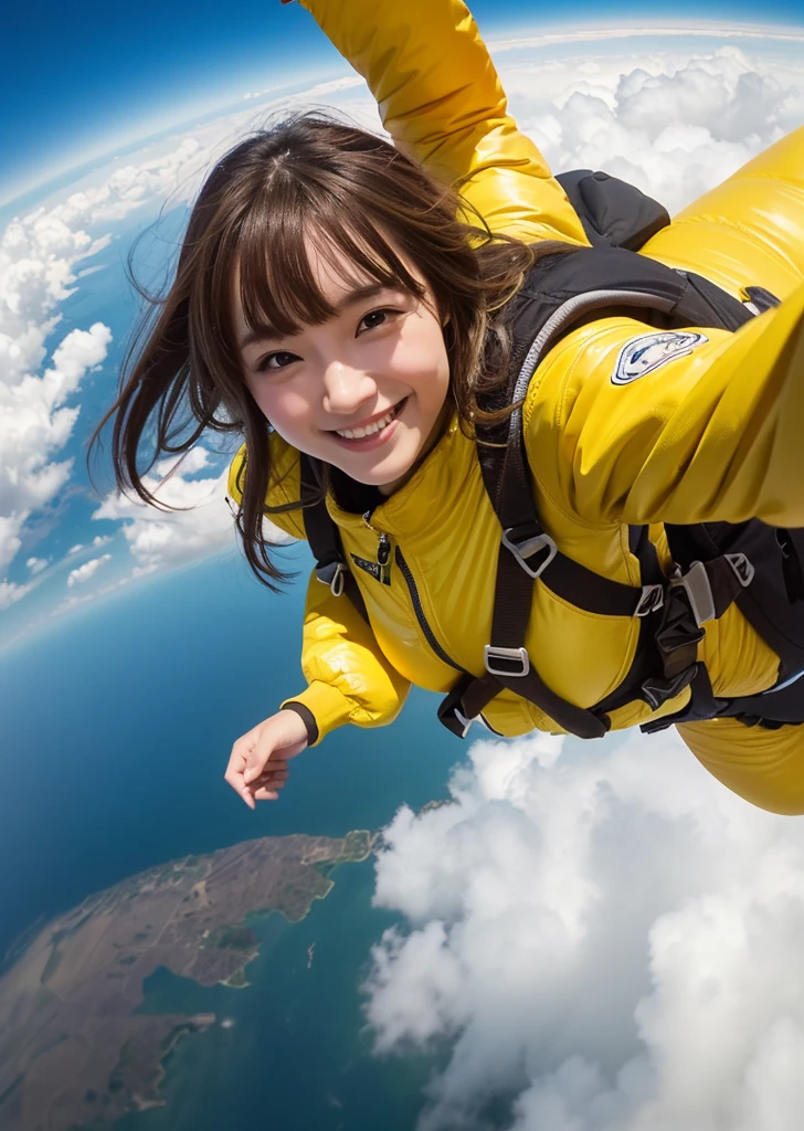 Eat pancakes,Flat Chest、(Slim body)、((Slim body))、Long Hair,Straight Bangs,Embarrassing,masterpiece,(((Brown Hair)))、A WOMAN skydiving in air in lots of yellow clouds A city floating on lots of yellow clouds ((masterpiece)), ((Highest quality))), ((Super detailed)), 超High resolution, 8K, ((High resolution))), ((figure)), ((Realistic)), A woman in a yellow space suit falls while skydiving through the air、Taking a selfie, Background Show (Highest quality,4K,8K,A High resolution,masterpiece:1.2), Super detailed,(Realistic,PhotoRealistic,photo-Realistic:1.37), Above Hawaii、Enjoying skydiving、 paraglider, alone, air, Realistic, Ultra HD, 8K ユニティ 壁紙, Ray Tracing, Beautiful smile, (smile:1.2), paragliderを満喫, Beautiful natural background seen from the sky,