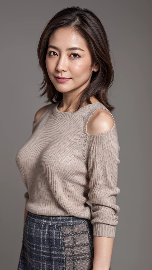 high resolution, High level of image quality, High Detail, masterpiece, Textured Skin, Anatomically correct, sharp, Gray background((Japanese Mature, 30 years old)), solo, ((Wrinkles on the face)), Breasts that are full and well-shaped, Light Brown Straight Hair,Shoulder length, Chubby body (((Stand facing the center of the screen))), Shut up,A faint smile,Gentle woman,charm, sweater, skirt, ((Cowboy shooting)),